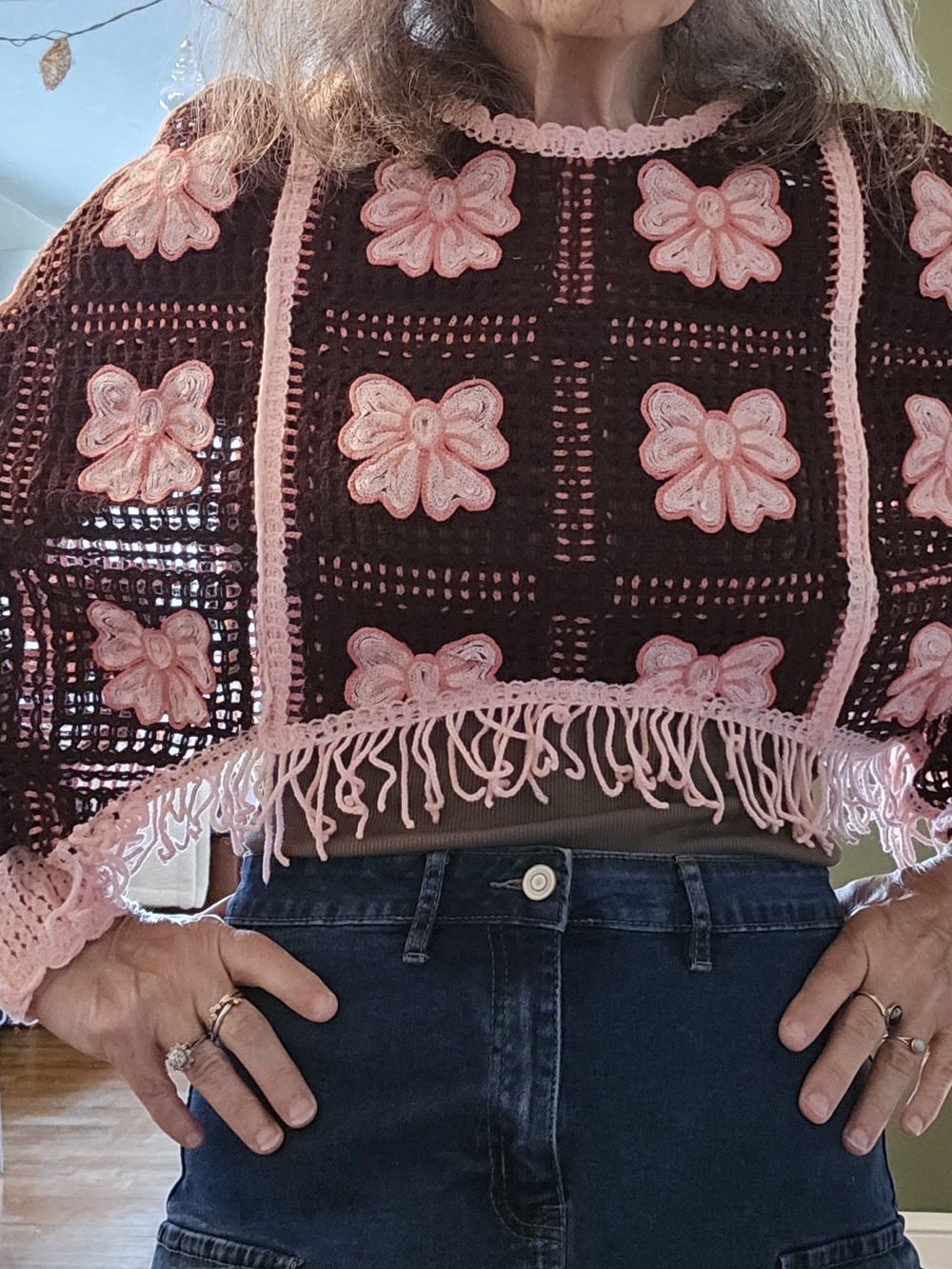 Pink and Brown Floral Crochet Fringe Capelet Sweater NWT